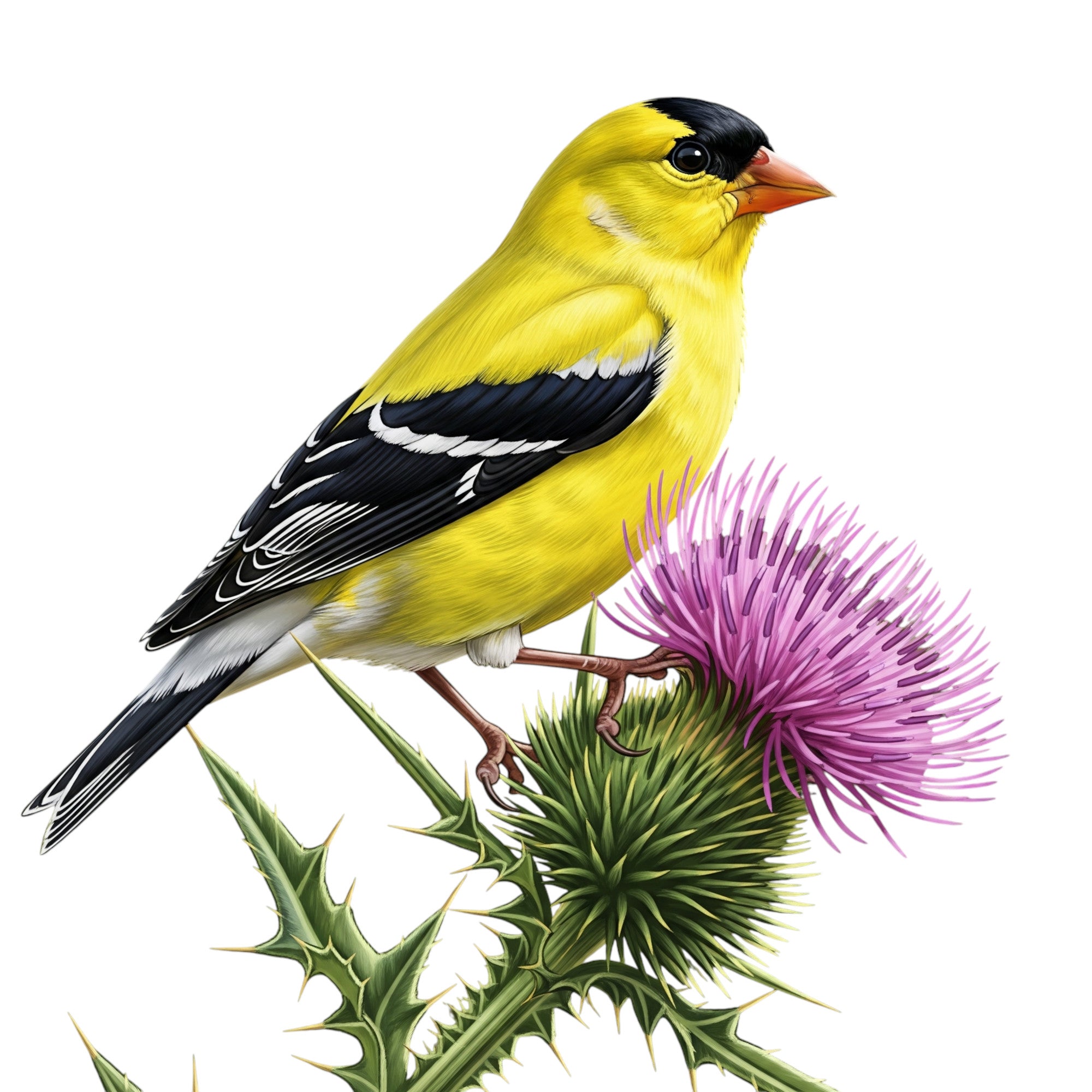 A detailed illustration of a male american goldfinch with bright yellow plumage in a vintage field guide style.