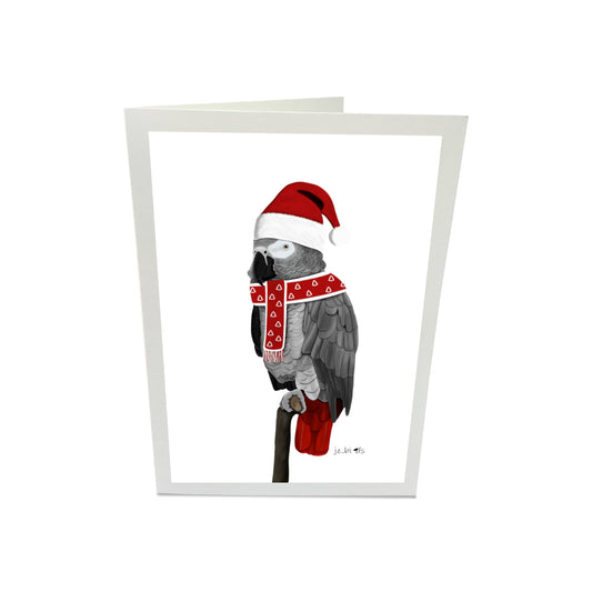 Grey Parrot Bird as Santa Claus Merry Christmas Greeting Card