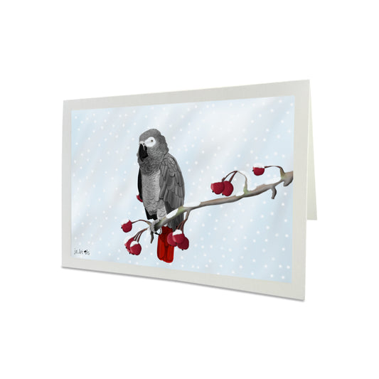 Grey Parrot Bird on a Winter Branch Greeting Card