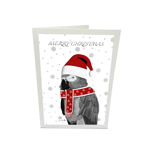 Grey Parrot with Santa Hat and Scarf Merry Christmas Bird Greeting Card