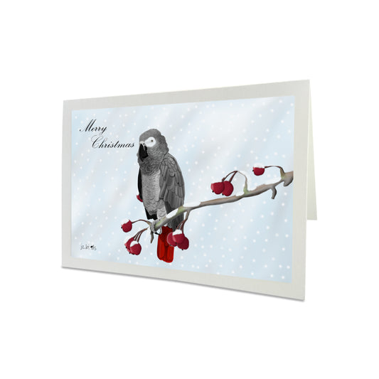 Grey Parrot Bird on a Winter Branch Merry Christmas Card