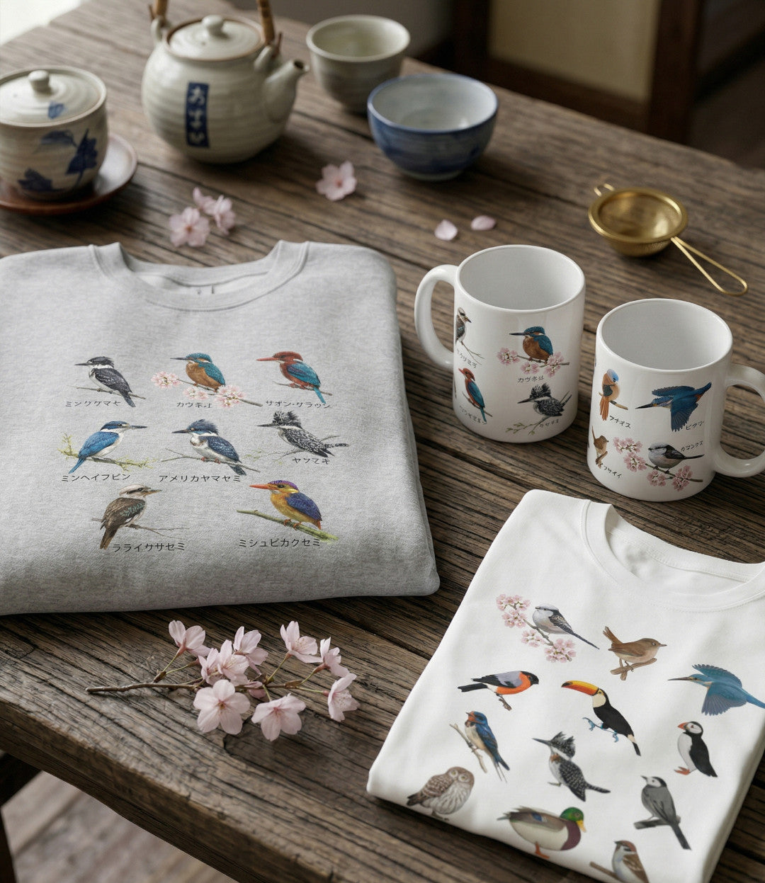 古い木製のテーブルに並べられた「野鳥図鑑コレクション」のマグカップ、Tシャツ、スウェット。美しい鳥のデザインと和風の装飾が調和しています。