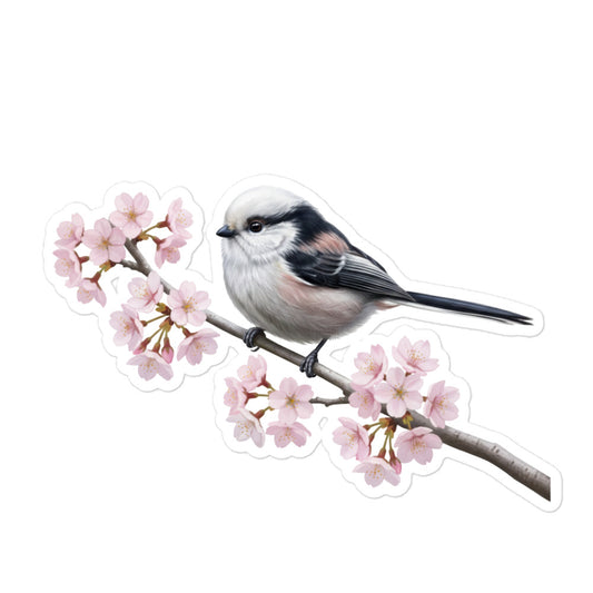 【シマエナガ】 桜と野鳥のプレミアムステッカー | 光沢仕上げ ダイカットシール