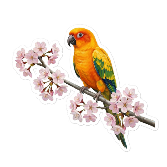 【コガネメキシコインコ】 桜と野鳥のプレミアムステッカー | 光沢仕上げ ダイカットシール