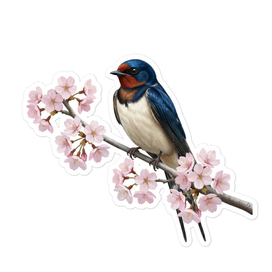 【ツバメ】 桜と野鳥のプレミアムステッカー | 光沢仕上げ ダイカットシール