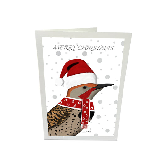 Northern Flicker with Santa Hat and Scarf Merry Christmas Bird Greeting Card