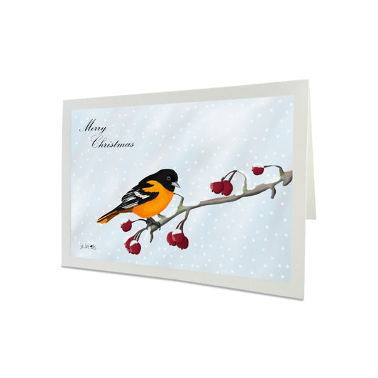 Baltimore Oriole Bird on a Winter Branch Merry Christmas Card
