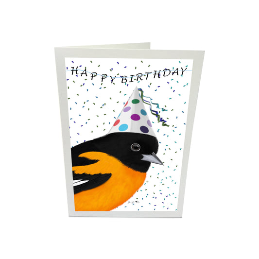 Oriole Bird with Party Hat Happy Birthday Greeting Card