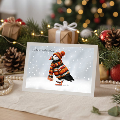Papageitaucher mit Strickpullover Weihnachtskarte Frohe Weihnachten Inklusive Umschlag