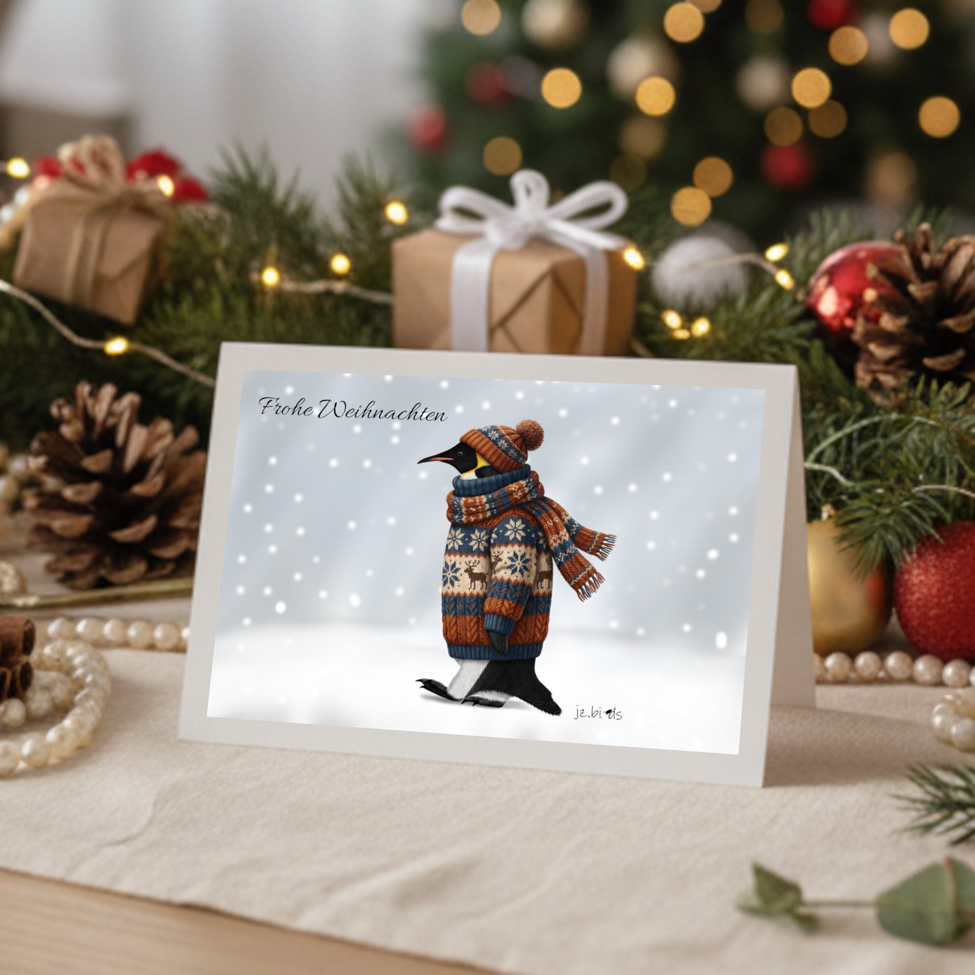 Pinguin mit Strickpullover Weihnachtskarte Frohe Weihnachten Inklusive Umschlag