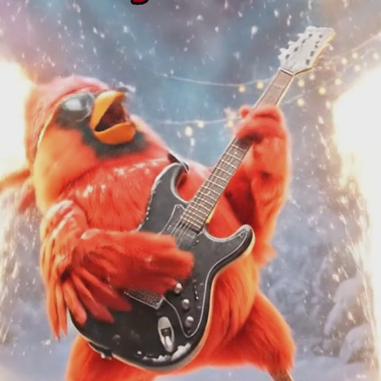 chordinal, the northern cardinal, plays guitar and relaxes in a hot tub birdbath after.