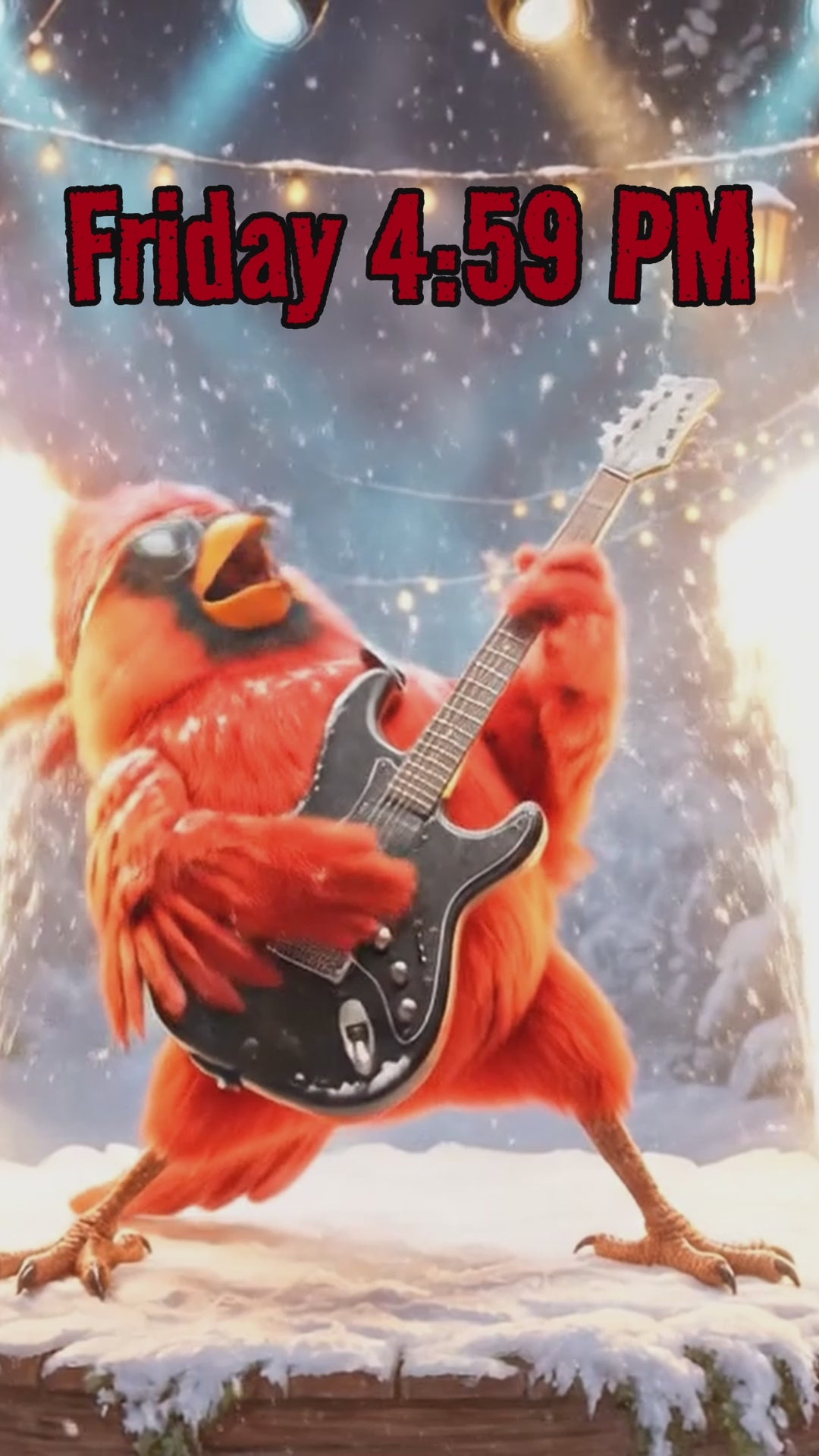 chordinal, the northern cardinal, plays guitar and relaxes in a hot tub birdbath after.