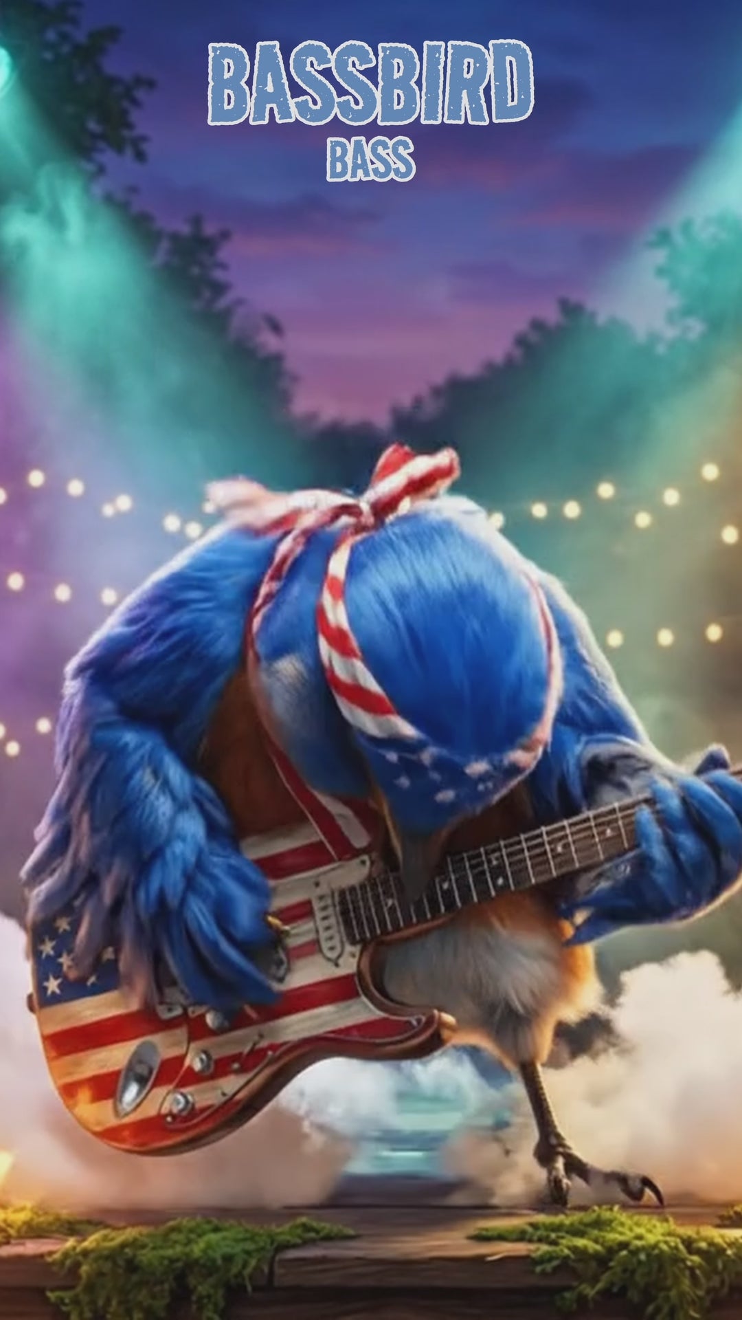 bluebird plays bass guitar solo on stage