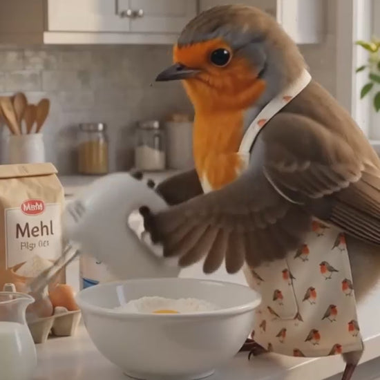 rosi rotkehlchen steht in der küche und rührt mit einem handrühgerät pfannkuchenteig in einer schüssel cremig.