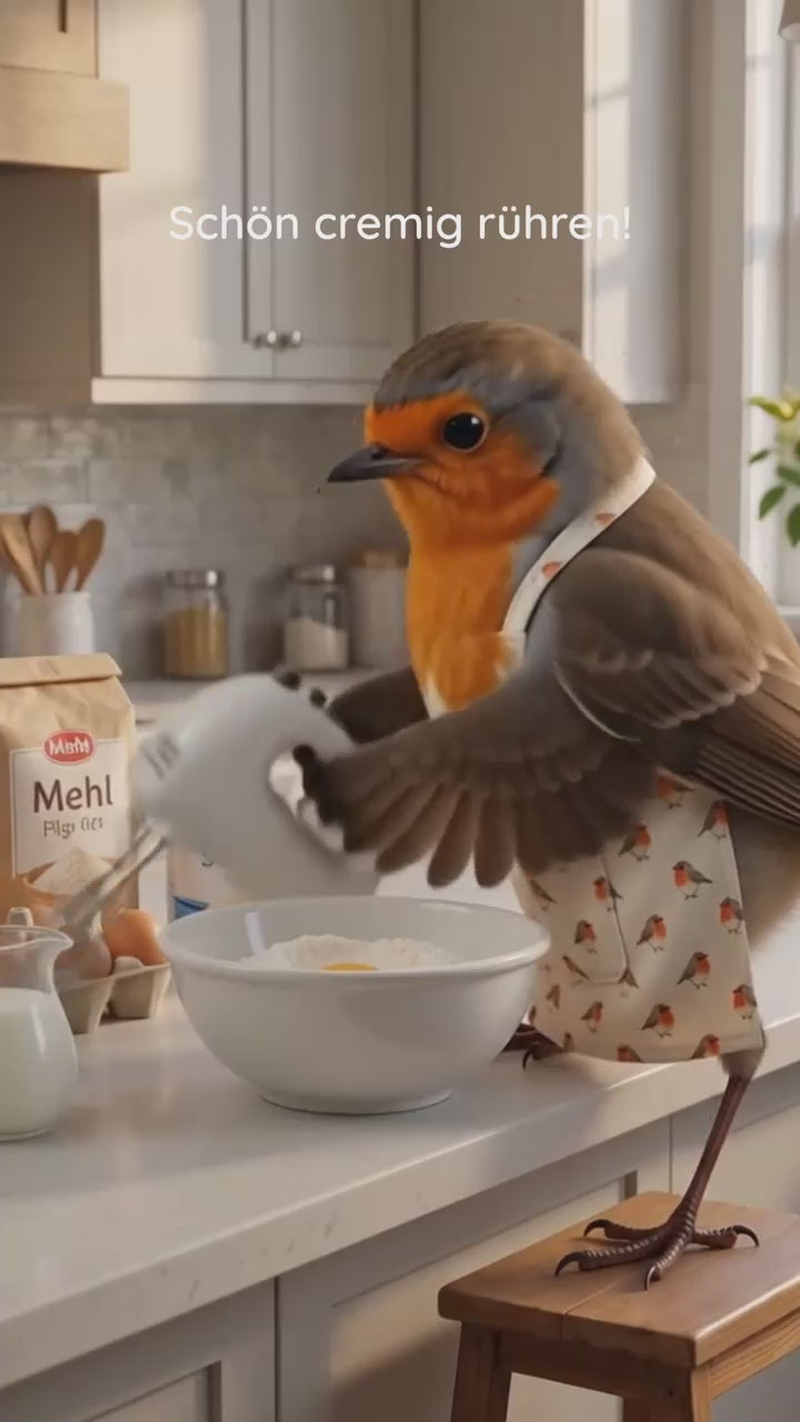 rosi rotkehlchen steht in der küche und rührt mit einem handrühgerät pfannkuchenteig in einer schüssel cremig.