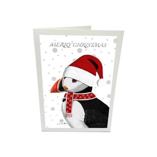 Puffin with Santa Hat and Scarf Merry Christmas Bird Greeting Card