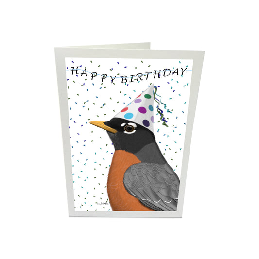 Robin Bird with Party Hat Happy Birthday Greeting Card