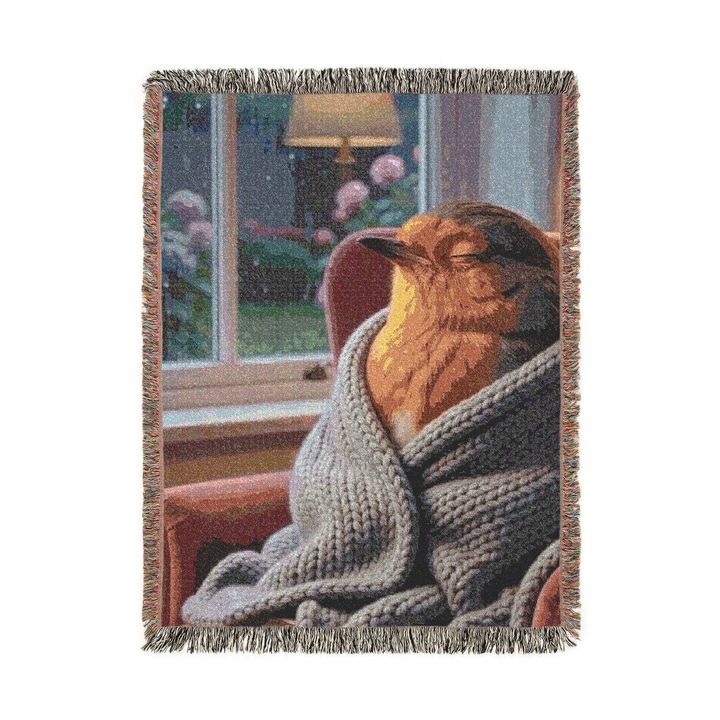 A rectangular woven throw blanket with fringed edges, featuring a printed scene of a robin bird wrapped in a gray knit blanket in front of a window. The blanket is shown upside down on a plain white background.