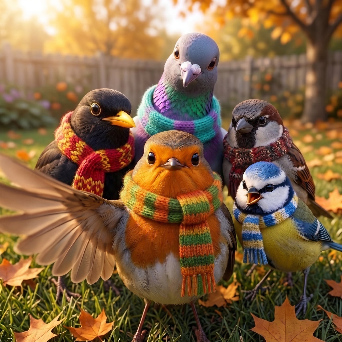 Four small birds and Robin Rosi wearing colorful knit scarves stand together on grass with fallen leaves in an autumn outdoor setting. The birds include a robin in the center, a pigeon behind it, a blackbird on the left, and a blue tit on the right.