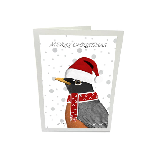 Robin with Santa Hat and Scarf Merry Christmas Bird Greeting Card