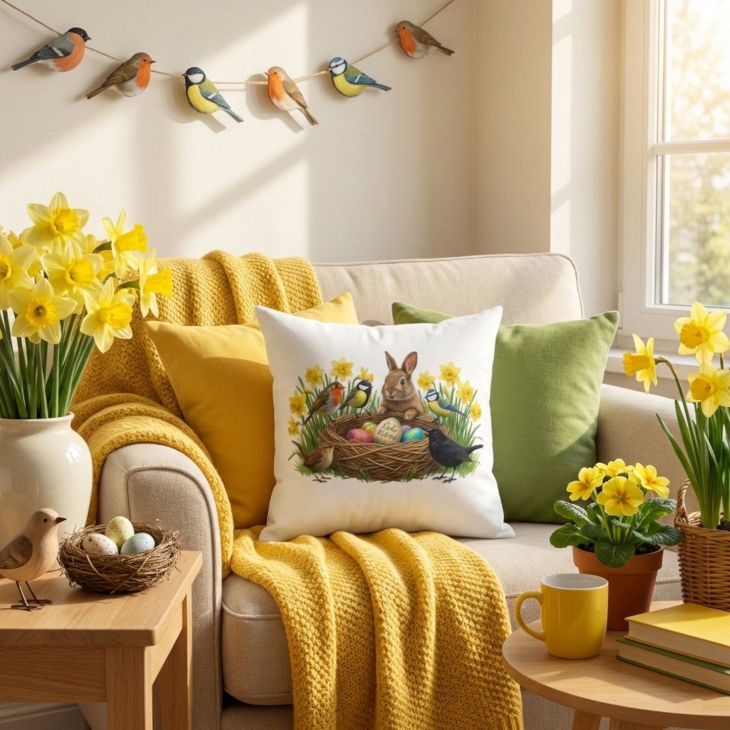 weißes kissen mit vögeln und kaninchen an einem osternest mit ostereiern inmitten von osterglocken dekoriert auf einem gemütlichen sofa