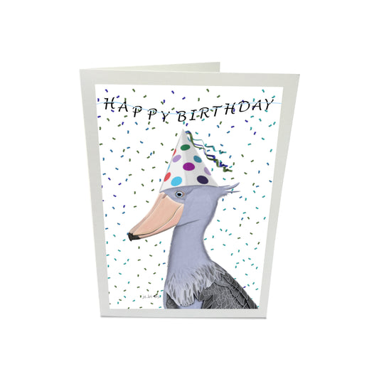 Shoebill Bird with Party Hat Happy Birthday Greeting Card