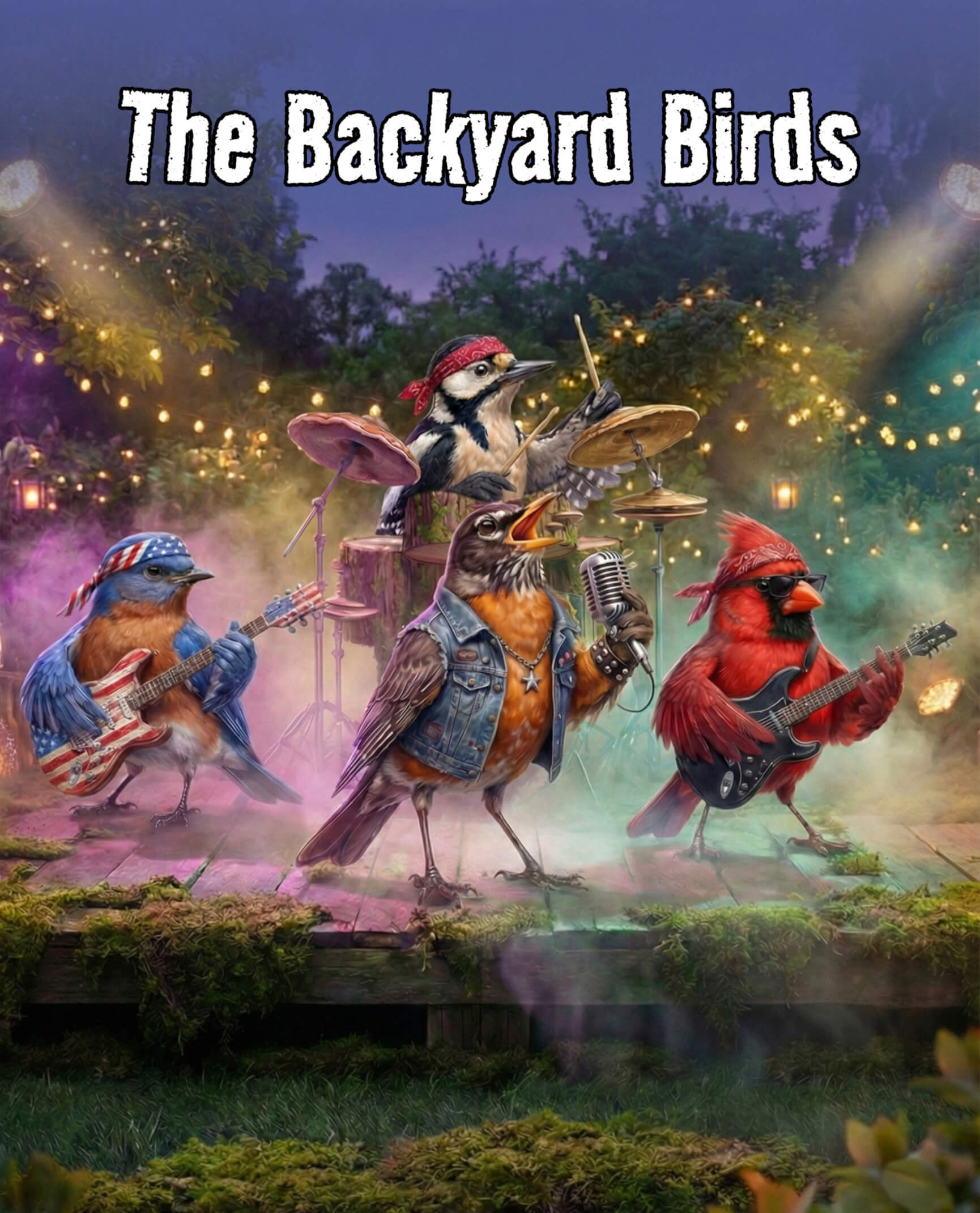 The Backyard Birds rock band performing live on a magical garden stage at night. Illustration of a Robin singer, Cardinal guitarist, Bluebird bassist, and Woodpecker drummer playing instruments amidst stage lights and fog.