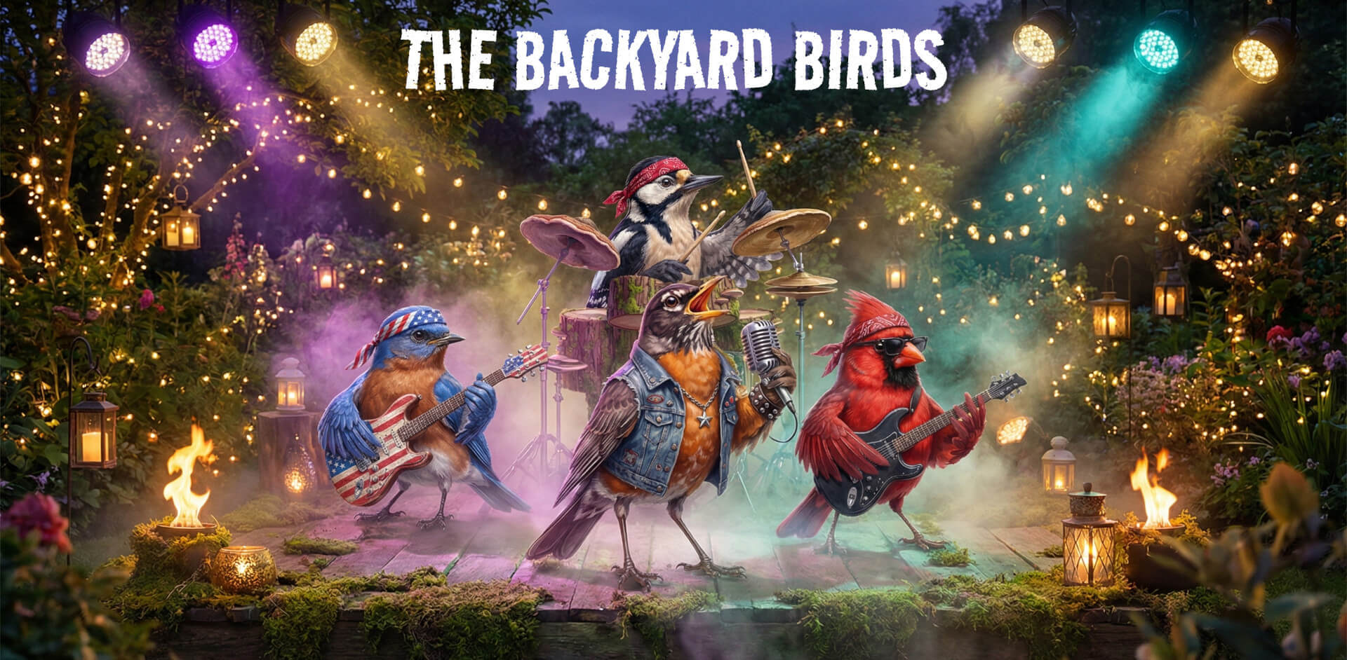 The Backyard Birds rock band performing live on a magical garden stage at night. Illustration of a Robin singer, Cardinal guitarist, Bluebird bassist, and Woodpecker drummer playing instruments amidst stage lights and fog.