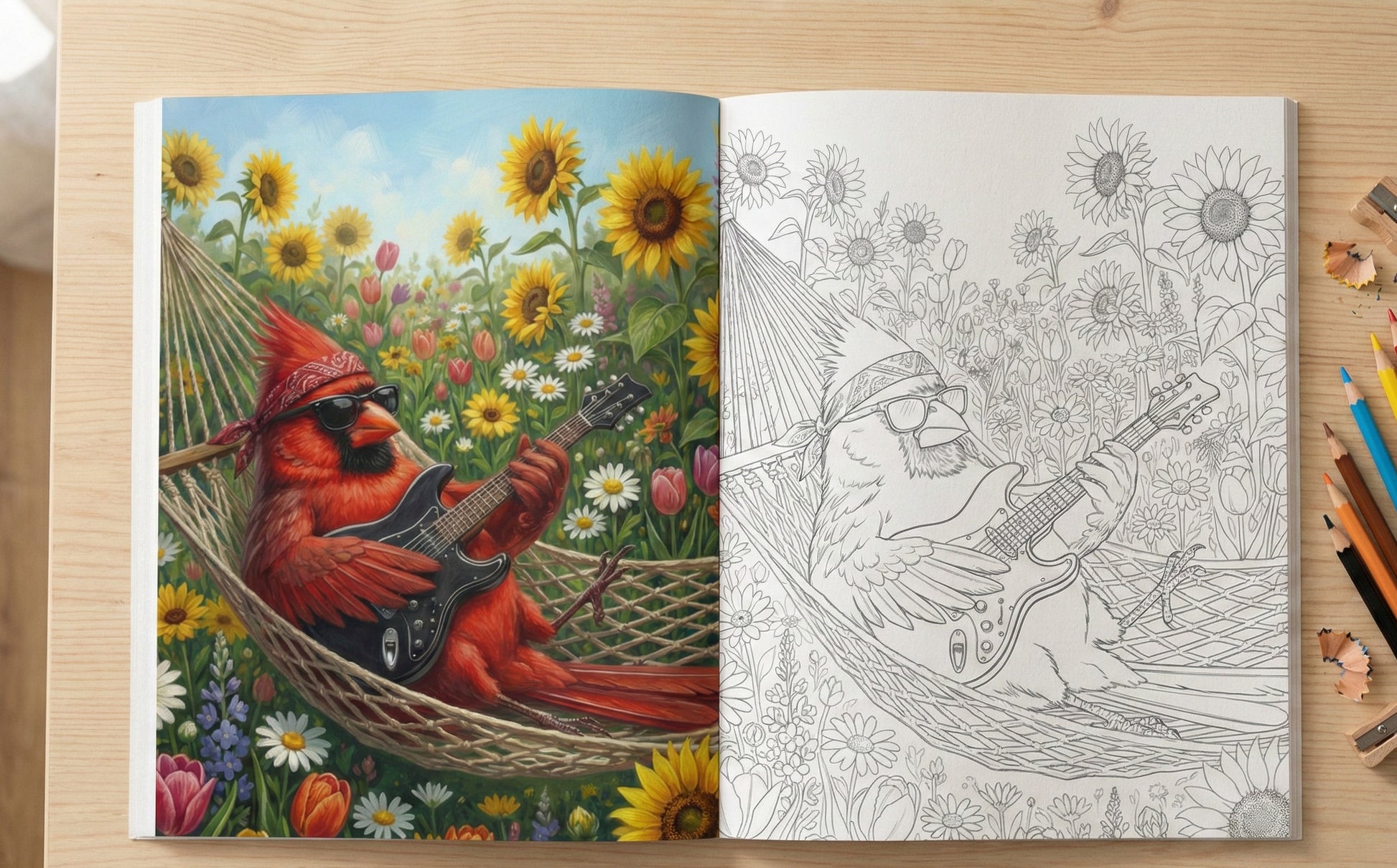 Open the chordinal bird coloring book showing a full-color reference guide on the left and the blank coloring page on the right.
