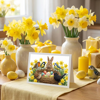 osterkarte auf einem dekorierten ostertisch mit gelben narzissen. osterkarte mit rotkehlchen amsel blaumeise kohlmeise zaunkönig und kaninchen an einem vogelnest mit bemalten ostereiern inmitten von narzissen